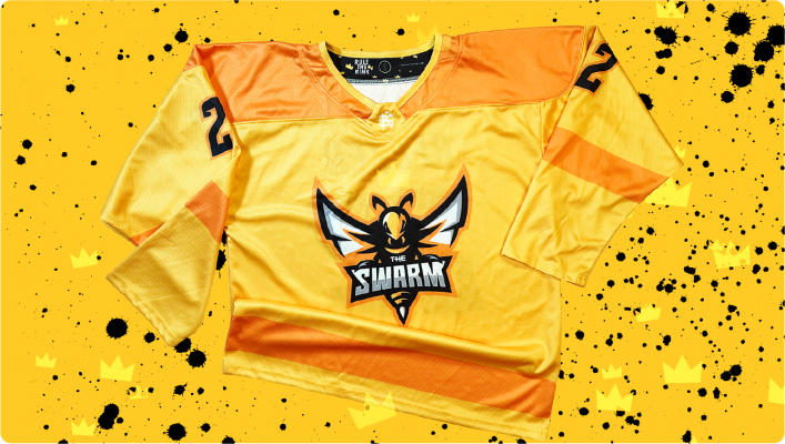 Front view of a yellow 'The Swarm' dye sublimated pro-style custom hockey jersey