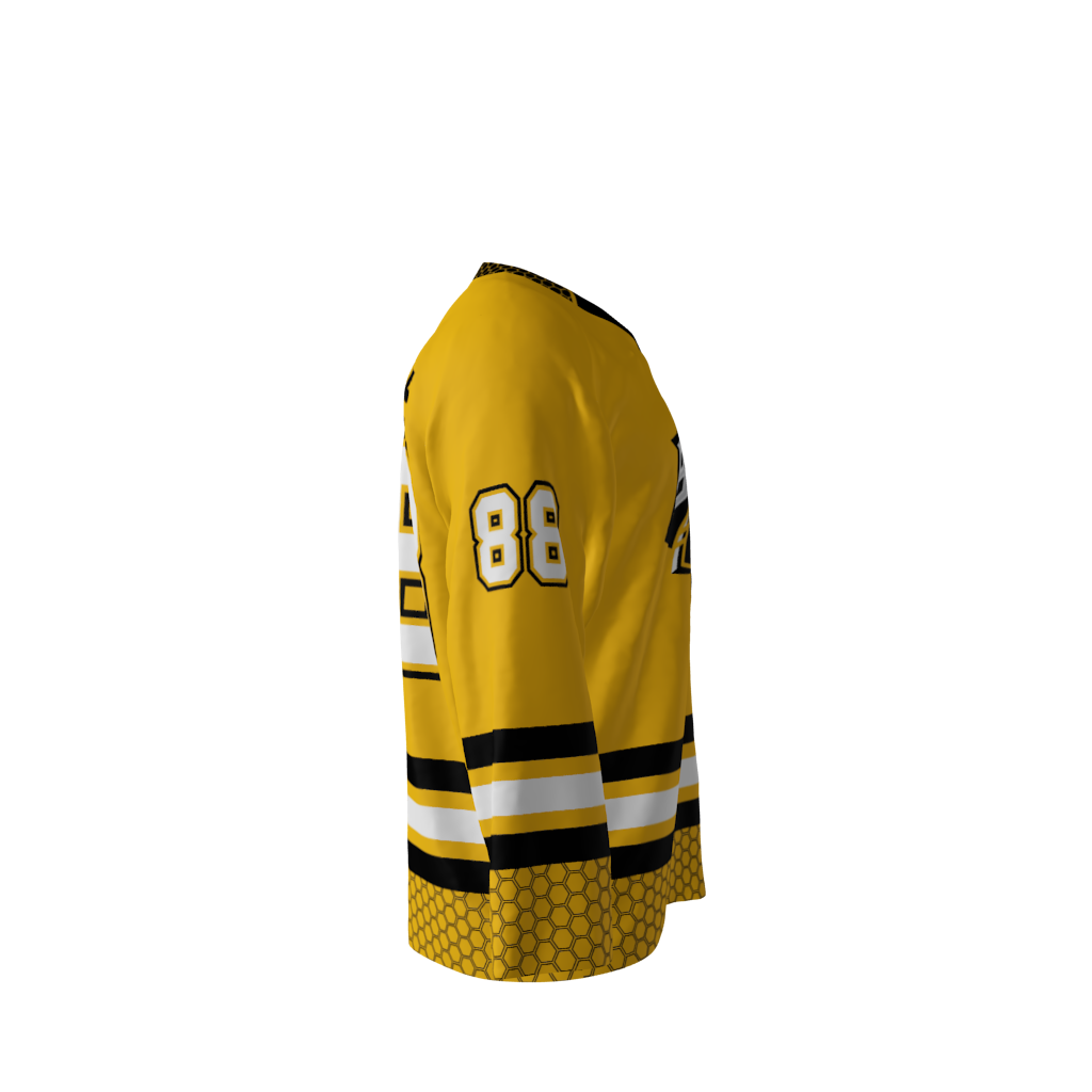 Right view of a custom dye sublimated Killer Bees hockey jersey