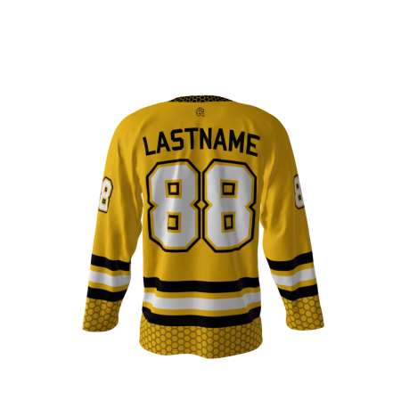 Back view of a custom dye sublimated Killer Bees hockey jersey