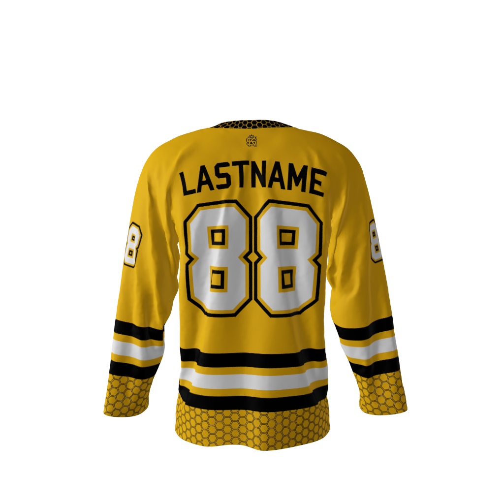 Back view of a custom dye sublimated Killer Bees hockey jersey