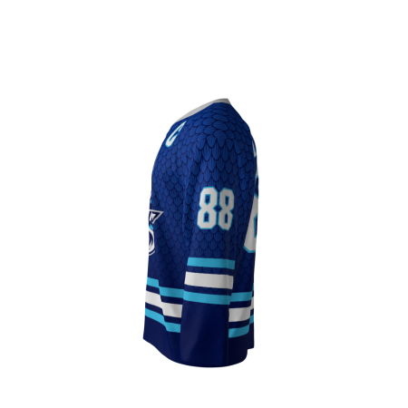 Left view of a custom dye sublimated Toe Dragons hockey jersey