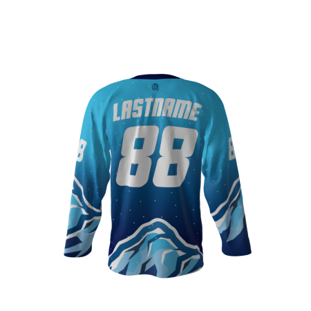 Back view of a custom dye sublimated Yetis Snow hockey jersey