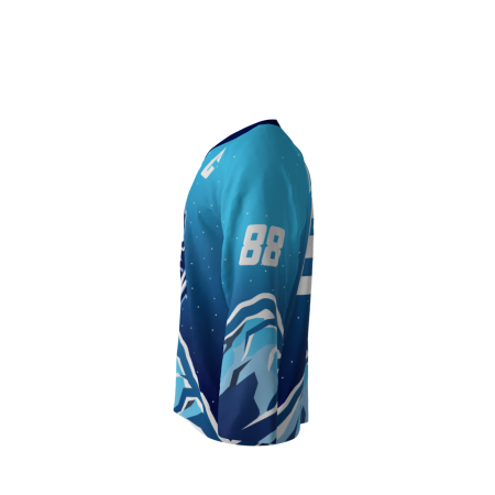 Left view of a custom dye sublimated Yetis Snow hockey jersey